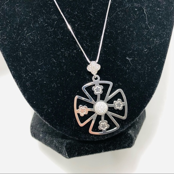 925 Sterling Silver Necklace Chain 19” Big Pendant White CZ Turkish Handmade - Picture 2 of 9